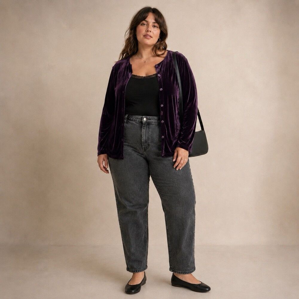 NY & Company Plum Purple Velvet Cardigan XL 90s Whimsigoth Romantic Goth